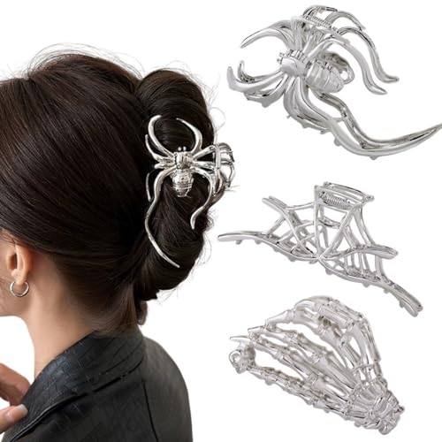 Hair Claw Clips for Women Girls, 3PCS Skeleton Hand Spider Web and Large Spider Punk Metal Alloy Hair Accessories Decorations for Thick Hair Styling Tools Gift(Silver Color)