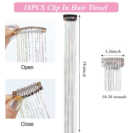 18 Pcs Hair Tinsel clip in Tinsel hair extensions 19.6Inch Clip in Hair tinsel Kit Heat Resistant Sparkle Fairy Hair Accessories for Kids Girls Women (Gold)