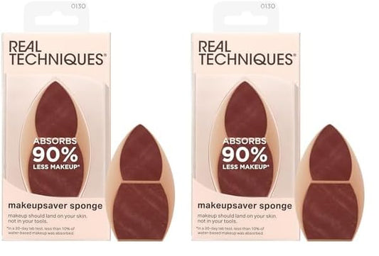 Real Techniques Makeupsaver Sponge, Makeup Blender Sponge For Liquid & Cream Formulations, Natural Finish & Reduces Makeup Waste, Targeted Application, Cruelty & Latex-Free, 1 Count (Pack of 2)