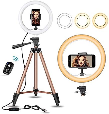 10" Selfie Ring Light with 50" Extendable Tripod Stand & Flexible Phone Holder for Live Stream/Makeup, UBeesize Mini Desktop Led Camera Ringlight for YouTube Video, Compatible with iPhone/Android