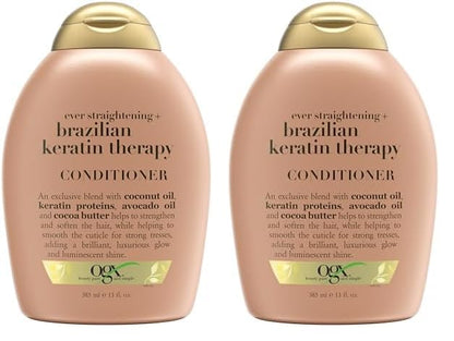 OGX Ever Straightening + Brazilian Keratin Therapy Hair-Smoothing Conditioner with Coconut Oil, Cocoa Butter & Avocado Oil, Paraben-Free, Sulfate-Free Surfactants, 13 Fl Oz (Pack of 2)