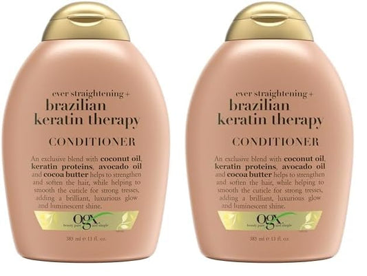 OGX Ever Straightening + Brazilian Keratin Therapy Hair-Smoothing Conditioner with Coconut Oil, Cocoa Butter & Avocado Oil, Paraben-Free, Sulfate-Free Surfactants, 13 Fl Oz (Pack of 2)