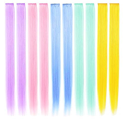 10 PCS Colored Hair Extensions, Multi-colors Party Highlights Clip in Heat-Resistant Synthetic Hair Extensions 20 Inch (Light blue Light pink Light green Light purple Yellow)