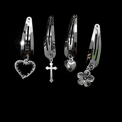 4Pcs Silver Metal Snap Hair Clips Chain Cross Heart Hair Barrettes Clips with Pendant Girls Hair Accessories，Hair Styling Accessories, Hair Care