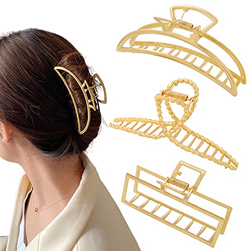 3 Pack Large Metal Gold Hair Claws for Women, Moon Cross Square Geometric Jaw Clips Barrettes for Thick Thin Hair, No Slip Claw Clip Clamp Grips Hair Accessories Hair Styling Gifts
