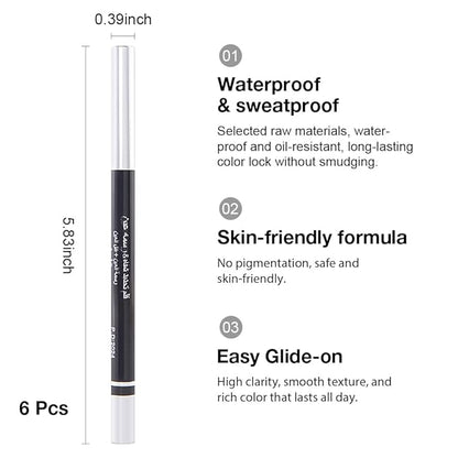 6PCS Automatic Waterproof Inner Eyeliner, Eyeshadow & Eyebrow Pencil – Multi-Use Cream Pen for Liner, Shadow & Brows (Black2)