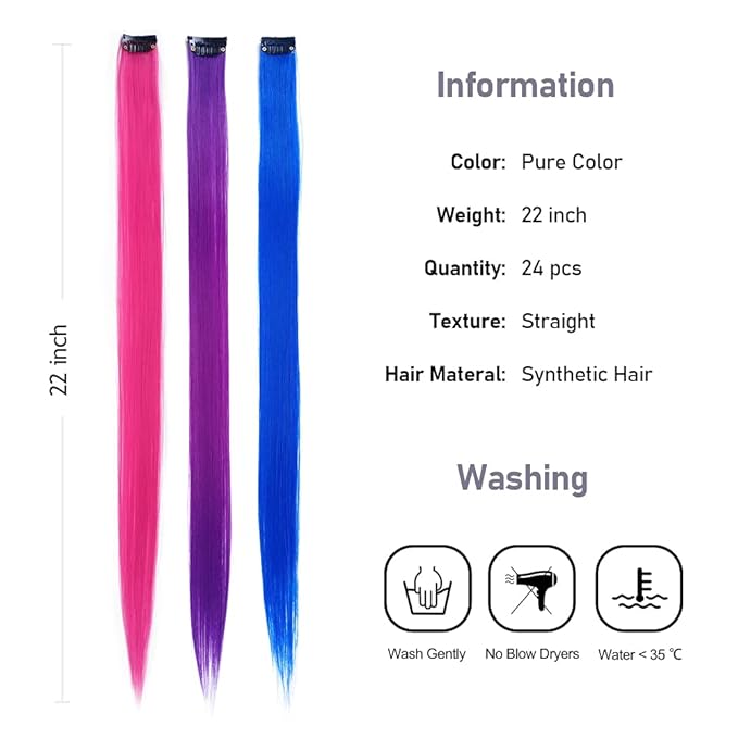24 Packs Colored Clip in Hair Extensions 20'' Colorful Straight Hair Extensions Clip in for Kids Multi-Colors Party Highlights Hairpieces(Pink,Purple,Blue)