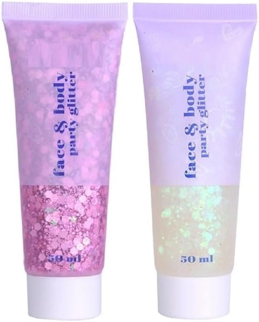 2 Color Face and Body Glitter Gel, Neon Outfit Glow Party for Body Hair Face Nail Glitter Stick Makeup.(03-Pink&06-White Moonbeam)