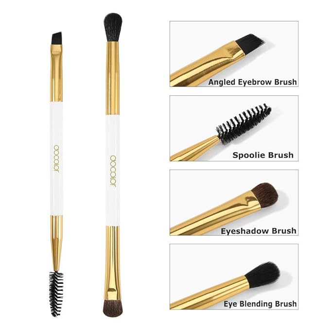 Docolor Duo Eyebrow Brush with Eyeshadow Brushes, 2PCS Professional Angled Eye Brow & Spoolie Brush Premium Synthetic Bristles Perfect for Lining Shaping Brows, Spoolie for Brows/Lashes(White&Golden）