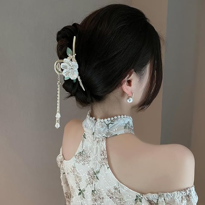 1 Pack Flower Hair Claw Clips for Women, Camellia Flower Leaf Hair Clips with Small Pearl Butterfly Tassel Design Metal Gold Strong Hold Hair Jaw Clips Grip Clip for Thick or Thin Hair Accessories