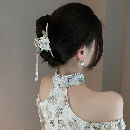 1 Pack Flower Hair Claw Clips for Women, Camellia Flower Leaf Hair Clips with Small Pearl Butterfly Tassel Design Metal Gold Strong Hold Hair Jaw Clips Grip Clip for Thick or Thin Hair Accessories