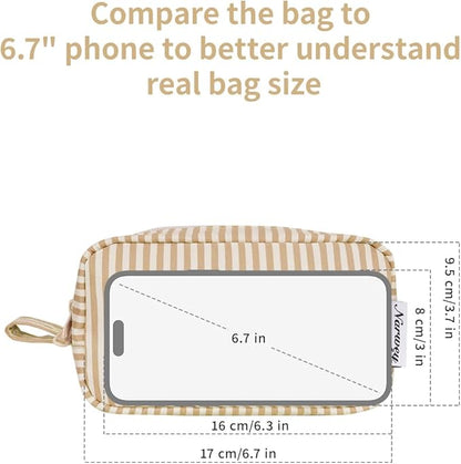Narwey Small Makeup Bag for Purse Travel Makeup Pouch Mini Cosmetic Bag Zipper Pouch for Women (Brown Stripe, Small)