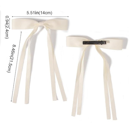 4 PCS Tassel Ribbon Bowknot Hair Clips With Long Tail for Women Girl Teens Kids, Solid Holder Fashion Bow Bowknot Hair Accessories Headwear Barrettes Claw(Black&Beige)