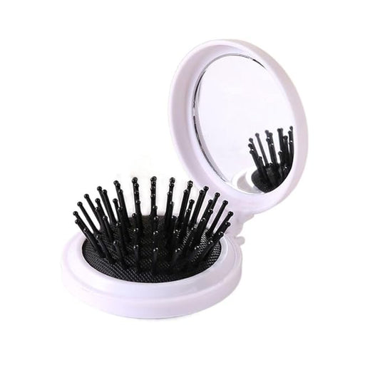 2Pcs Folding Travel Hair Brush with Mirror, Round Portable Folding Pocket Hair Brush Mini Hair Massage Compact Mirror with Comb Travel Size for Men Women Styling Tools and Appliances(Black and Pink)