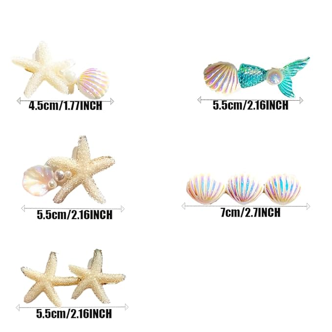 5 Pcs Starfish Seashell Hair Clips Mermaid Costume Pearl Beach Ocean Hair Accessories Women and Girls （Off-white）