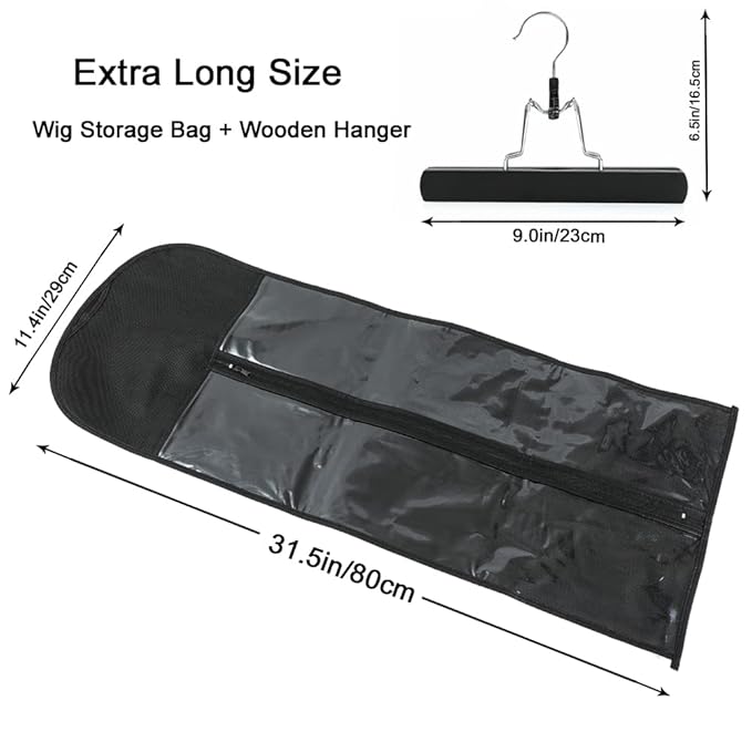 2Pcs Hair Extension Holder, Extra Long Wig Storage Bag with Hanger, Hair Extensions Wig Storage for Multiple Wigs, Hairpieces, Portable Travel-Ready Hair Extensions Bag (31.5 Inch, 2Pcs Black)
