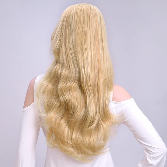 24 Inch Blond Wavy 3/4 Half Wig Long lightest Synthetic Hair Extensions Capless Wigs Hair Clips Extension For Women 210g（24“ #5）