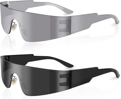 Futuristic Wrap Around Fashion Sunglasses Y2K Silver Trendy Rimless Glasses Cyberpunk Eyewear Women Men Rave Party