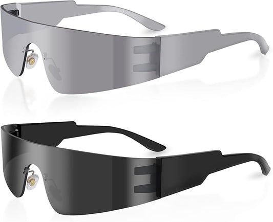 Futuristic Wrap Around Fashion Sunglasses Y2K Silver Trendy Rimless Glasses Cyberpunk Eyewear Women Men Rave Party