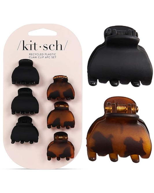 Kitsch Recycled Plastic Mini Hair Clips for Women - Tortoise & Black Claw Clips for Thin Hair, 6 pcs