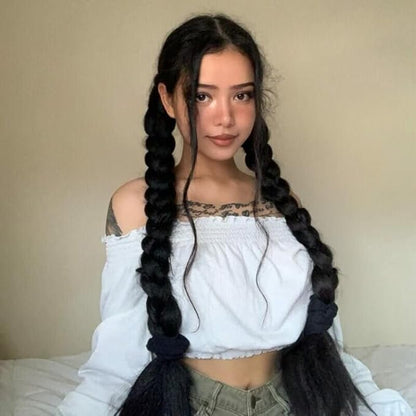 2 Pack Long DIY Braided Ponytail Extension with Hair Tie Straight Wrap Around Hair Extensions Ponytail(1B#)