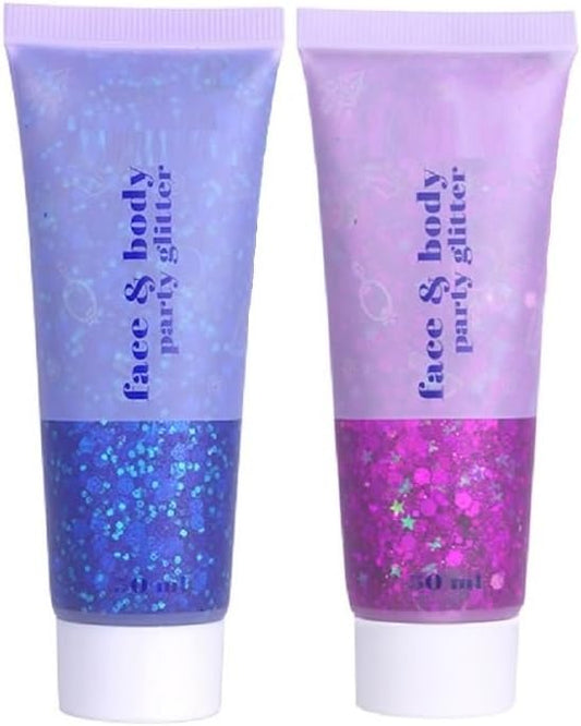 2 Color Body Glitter Gel, Neon Outfit Glow Party for Face and Body Hair Face Nail Glitter Stick Highlighter Makeup. (01-Blue&04-Rose)