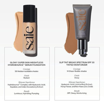 Saie Slip Tint Tinted Moisturizer with SPF 35 - Light Coverage, Glowy Skin Tint & Mineral Sunscreen for Face with Hydrating Hyaluronic Acid - Summer Makeup Essential - Shade One (1.35 oz)