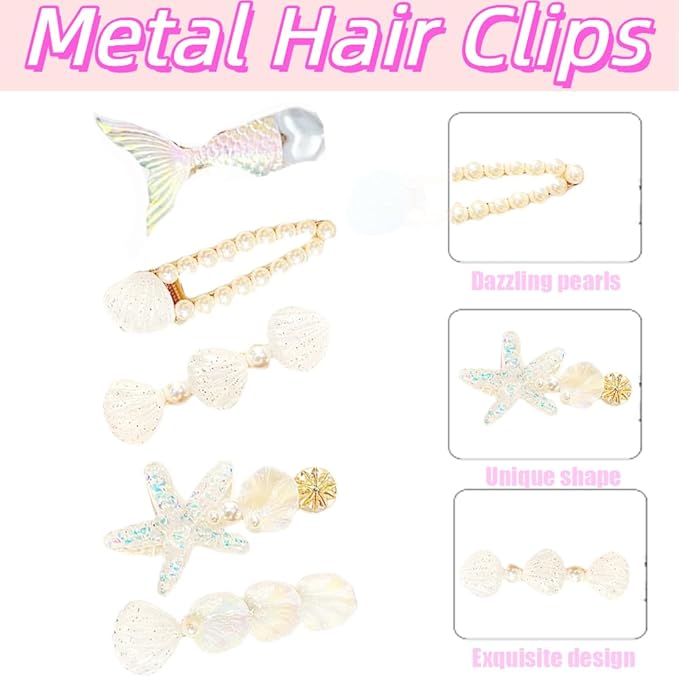 5 Pcs Starfish Seashell Hair Clips Mermaid Costume Pearl Beach Ocean Hair Accessories Women and Girls （White）