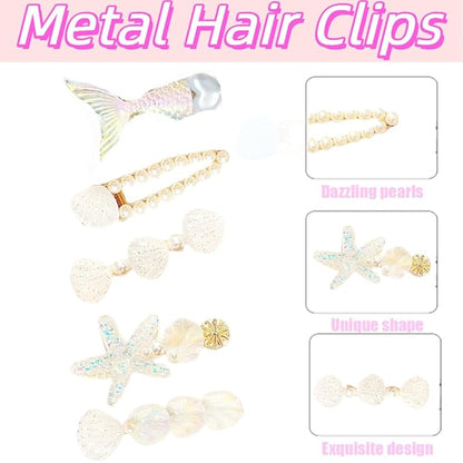 5 Pcs Starfish Seashell Hair Clips Mermaid Costume Pearl Beach Ocean Hair Accessories Women and Girls （White）
