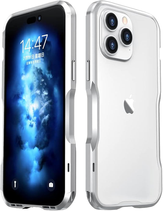 HENGHUI Aluminum Bumper Case Compatible with iPhone 14 Pro Max - Slim, Shock Absorbent Metal Frame Cover (Silver)