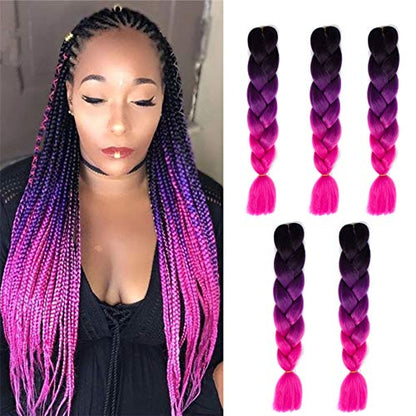 Ombre Braiding hair synthetic Crochet braids twist 24inch 5pcs/lot 100g Ombre two three tone Jumbo braid hair extensions Dreadlocks (black-purple-rose)