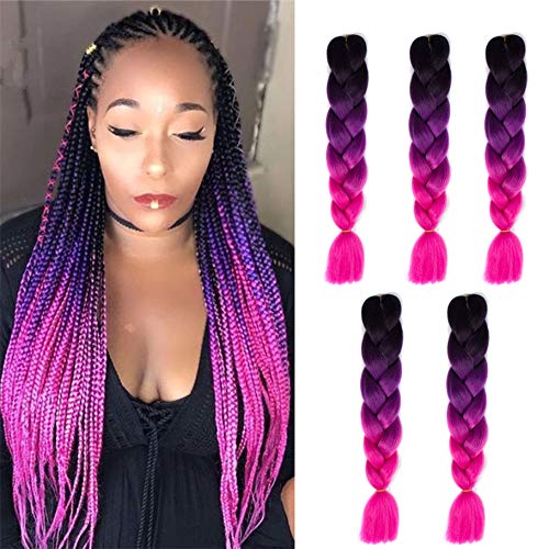 Ombre Braiding hair synthetic Crochet braids twist 24inch 5pcs/lot 100g Ombre two three tone Jumbo braid hair extensions Dreadlocks (black-purple-rose)