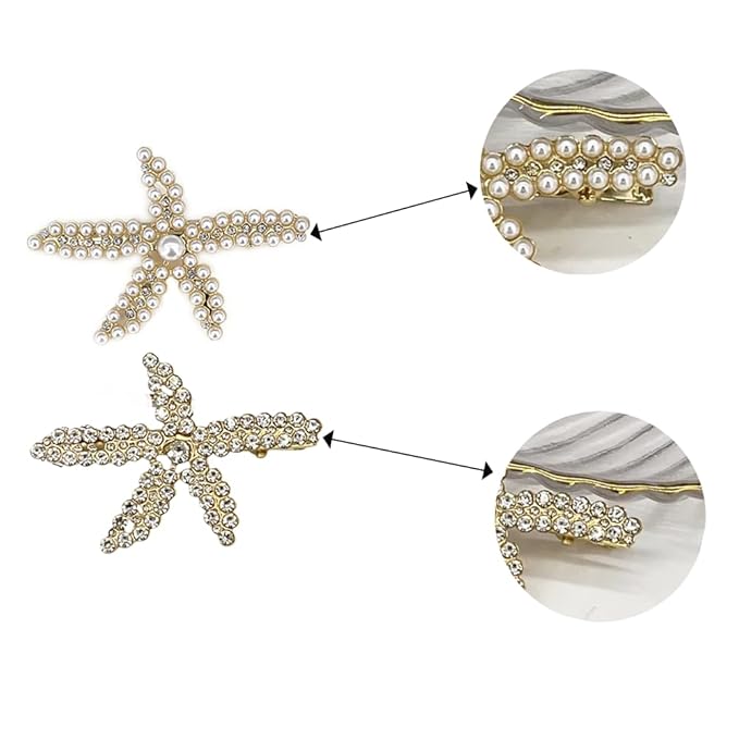 2 Pcs Starfish Hair Clips Mermaid Costume Rhinestone Hair Clips Beach Ocean Hair Accessories Women and Girls （Silver）