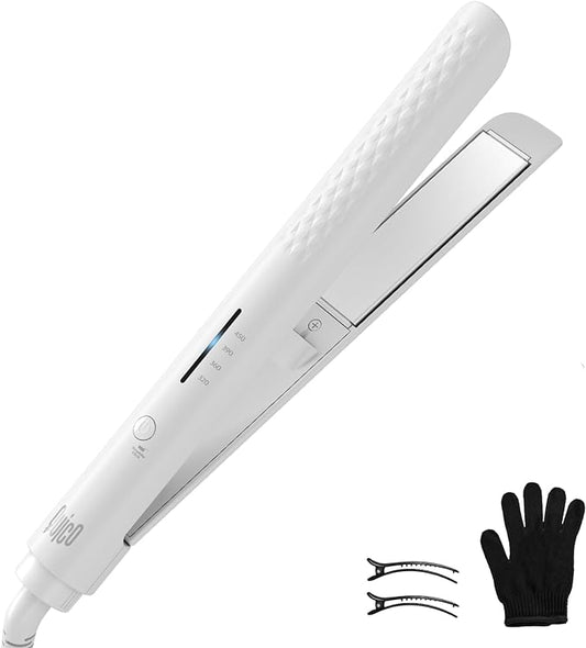 Hair Straightener, Quico 15s Fast Heating, 110-240V Global Travel Hair Straighteners for Women, Professional Negative Ion Flat Iron, Temp Memory, 320-450℉, Auto-Off, with Glove and Clips, Gift, White