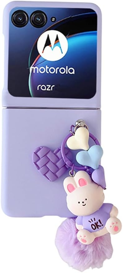 for Motorala Razr Plus 2024 Case Cute Plush Rabbit Toy Phone Charm Design,Razr+ 2024 Phone Case Frosted PC Back Soft Silicone Bumper Shockproof Girly Cover for Moto Razr+ 2024 with Ring Holder Purple