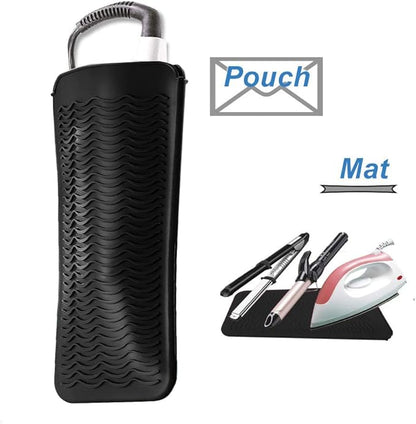 Heat Resistant Silicone Mat and Glove Set for Hair Straighteners and Flat Irons - 11" x 6" Mat, 8.7" x 5.2" Bump Glove, Black