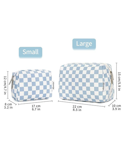 Narwey Small Checkered Makeup Bag for Purse Mini Cosmetic Bag Travel Makeup Pouch Zipper Pouch Cute Make up Bags with Compartments for Women Girls(Small,Sky Blue Checkerboard)