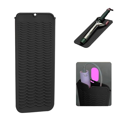 Heat Resistant Silicone Mat with Hanging Hole, Straightener Heat Resistant Travel Mat & Pouch for Curling Iron, Flat Iron and Other Hot Hair Styling Tools, 11 x 5 in, Black