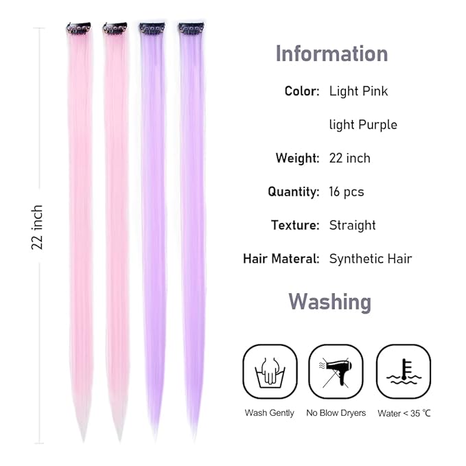 16Pcs Kids Purple Color Clip in Hair Extensions 20inch Colored Party Clip on in Hairpieces Ombre Purple Synthetic Colorful Straight Multi-Colors Hair Streak for Girls(Light Pink+light Purple)
