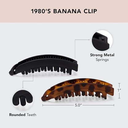 Kitsch Banana Hair Clips for Women, Cute & Stylish Banana Clip for All Hair Types - Black & Tortoise, 2 Pcs