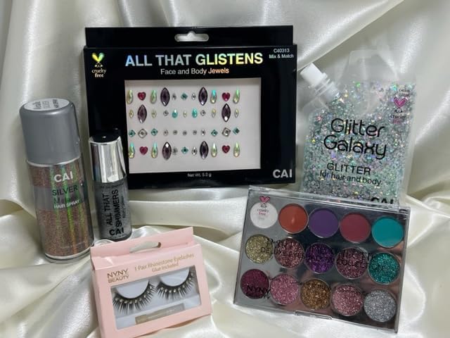 Hair Glitter Gel; Body Glitter & Face Glitter for Women/Kids(6 Pc Unicorn Bundle) Chunky Iridescent Holograph Stars & Moon Bag, Roll-On Body, Body Spray, Body Jewels, 10 Color Eye, Eyelashes