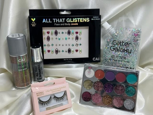 Hair Glitter Gel; Body Glitter & Face Glitter for Women/Kids(6 Pc Unicorn Bundle) Chunky Iridescent Holograph Stars & Moon Bag, Roll-On Body, Body Spray, Body Jewels, 10 Color Eye, Eyelashes