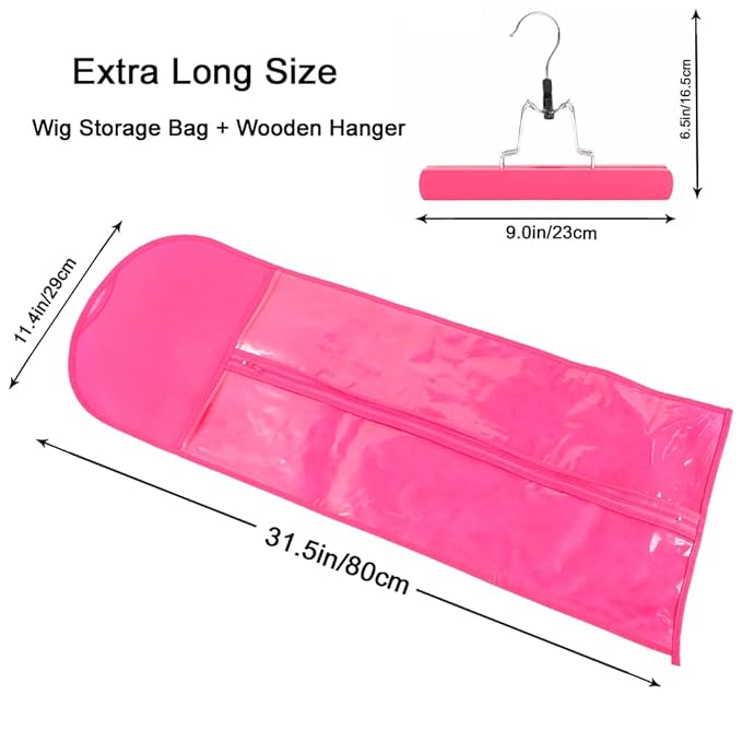 2Pcs Hair Extension Holder, Extra Long Wig Storage Bag with Hanger, Wig Storage for Multiple Wigs Hairpieces, Portable Style Hair Travel Hair Extensions Bag (31.5 Inch, 2Pcs Pink)