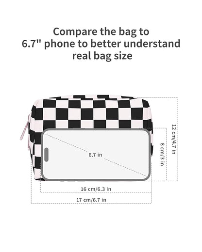 Narwey Small Checkered Makeup Bag for Purse Mini Cosmetic Bag Travel Makeup Pouch Zipper Pouch Cute Make up Bags with Compartments for Women Girls (Black Checkerboard, Small)