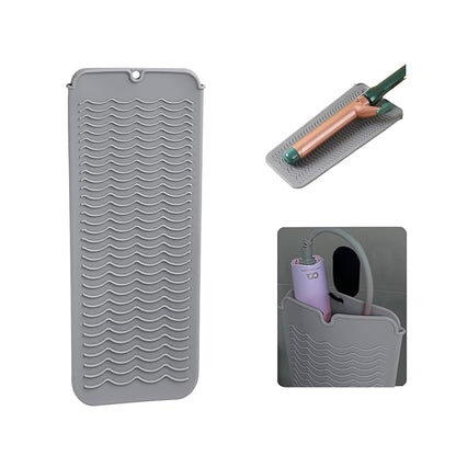 Heat Resistant Silicone Mat with Hanging Hole, Straightener Heat Resistant Travel Mat & Pouch for Curling Iron, Flat Iron and Other Hot Hair Styling Tools, 11 x 5 in, Gray