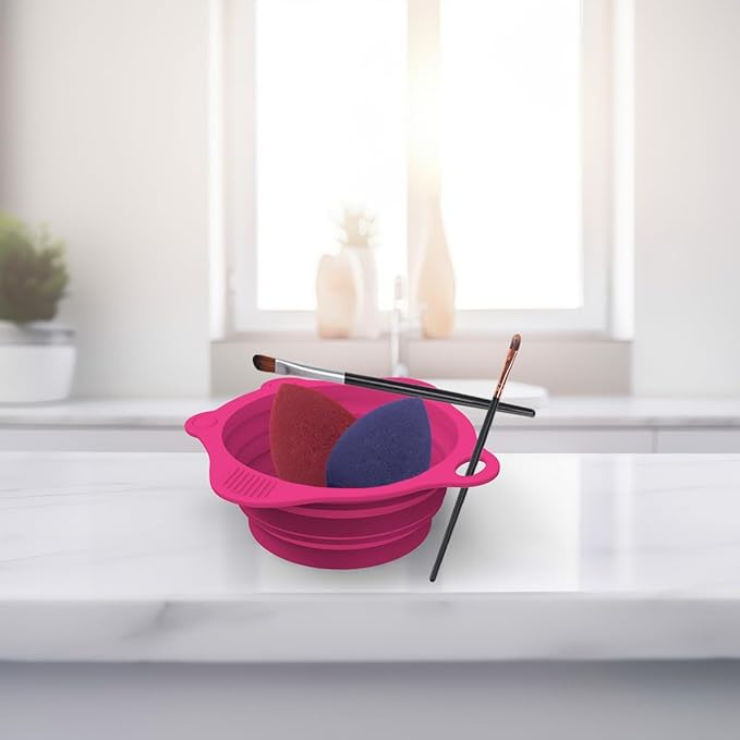 Foldable Silicone Makeup Brush Cleaner Pad Bowl, YalsFTY Portable Mat Scrubber Cleaning Tool for Makeup Brushes (Rose)