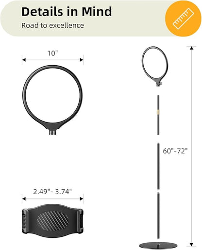 10.5" Ring Light with Stand and Phone Holder - 72" Tripod for iPhone with Light, Professional Led Ringlight for Video Recording/Make up/Streaming, Full Screen Light Ring for YouTube, Tiktok (Black)
