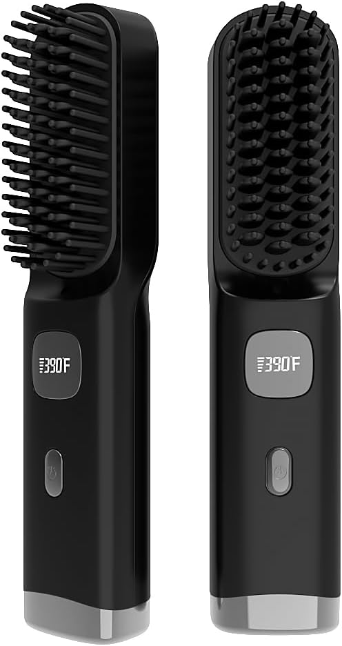 Cordless Hair Straightener Brush Portable on The go Comb for Travel 30s Fast Heating USB Rechargeable Dual Power Supply LCD Display with Pouch (Black)