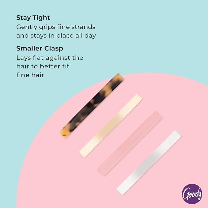 Goody Hair Barrettes Clips for Fine Hair - 4 Count, Assorted Colors - Slideproof and Lock-In Place - Pain-Free Hair Accessories for Men, Women, Boys, and Girls - Stay Tight for All Day Comfort