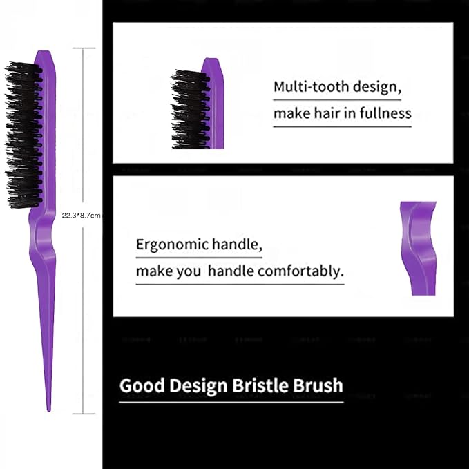 3 Pieces Hair Styling Comb Set Teasing Hair Brush Rat Tail Comb Edge Brush for Edge&Back Brushing, Combing, Slicking Hair for Women (Purple)